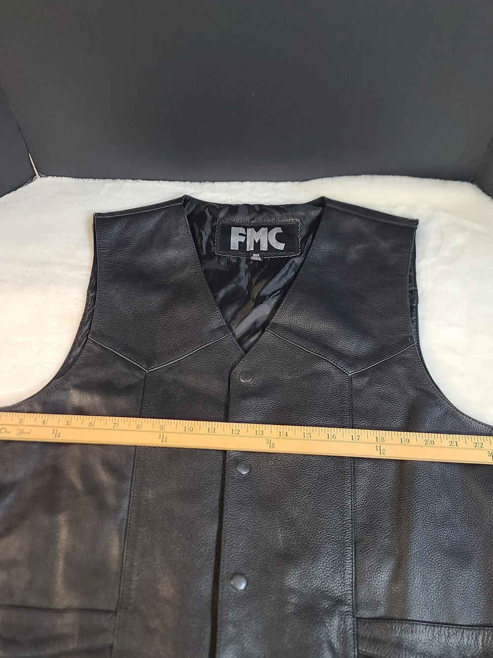 Black Leather Clubhouse Vest with Red & Orange Skull Emblem